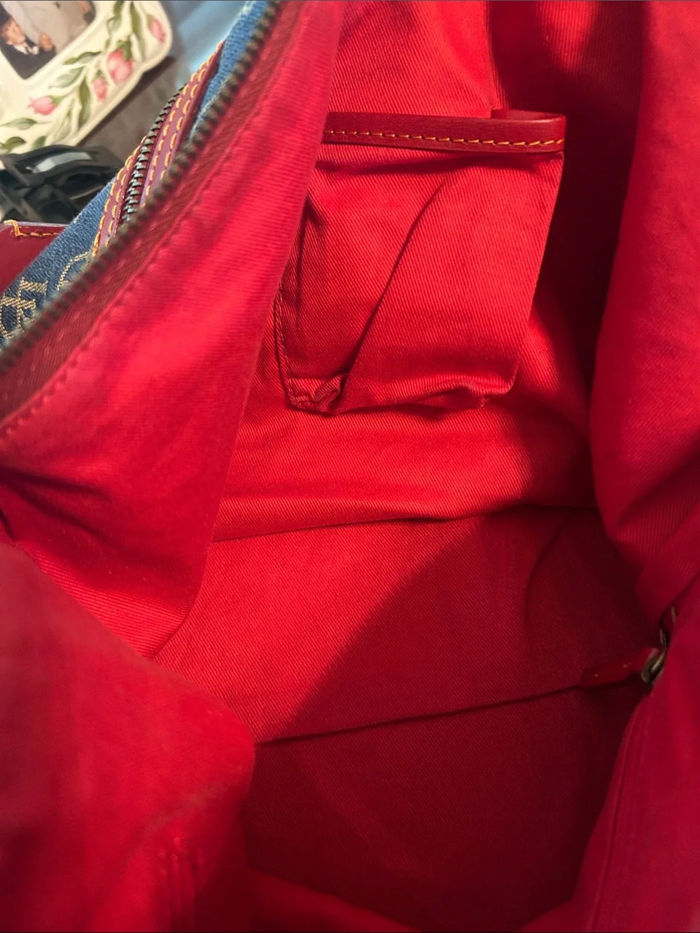 Designer-Inspired Dooney and Burke  Blue Monogram Hobo Bag with Red Trim